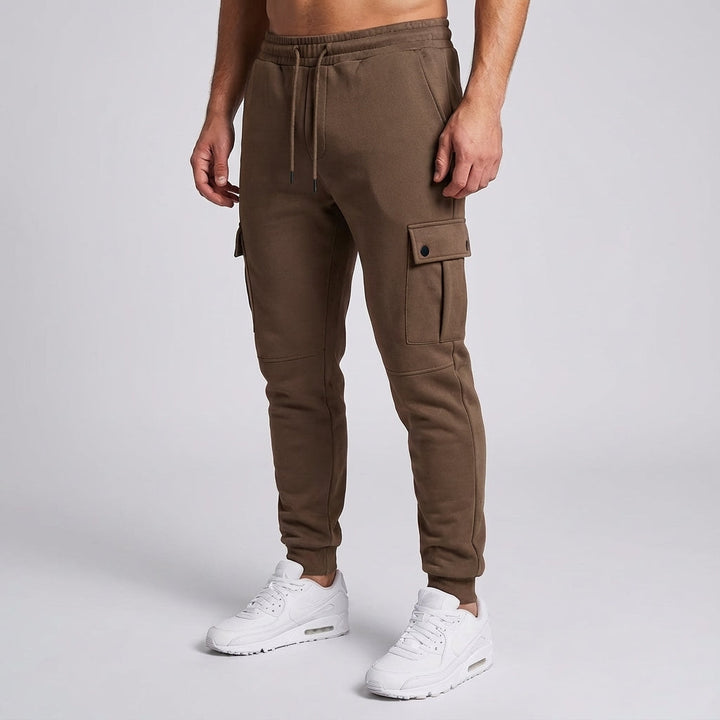 Front view of men's stretch cropped jogger cargo trousers, suitable for active or casual wear
