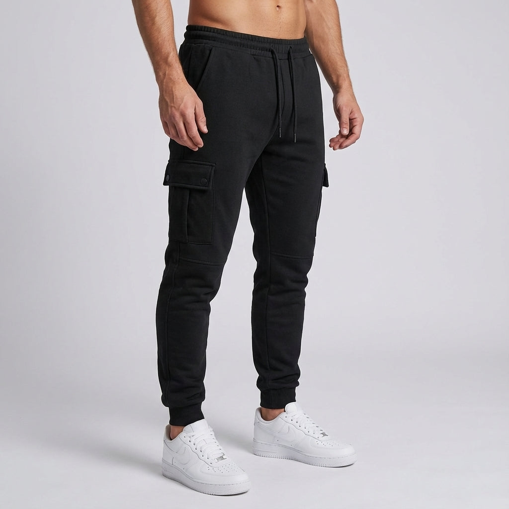 Dynamic shot of men's cropped jogger cargo trousers, highlighting movement and comfort