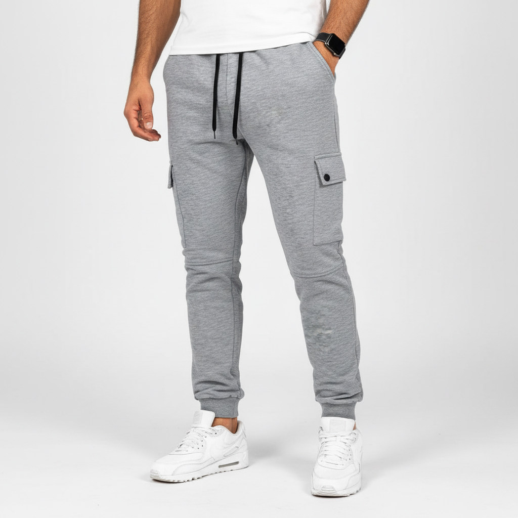 Trendy men's grey cropped joggers with clean design and handy pocket. Elevate your athleisure wardrobe.