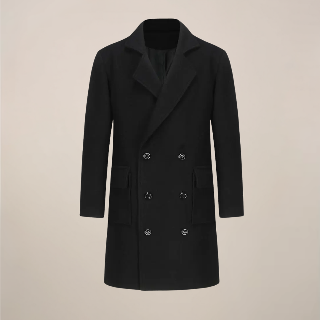 Men's black double-breasted overcoat. Elegant long winter coat, perfect for business wear & formal occasions. Tailored menswear.