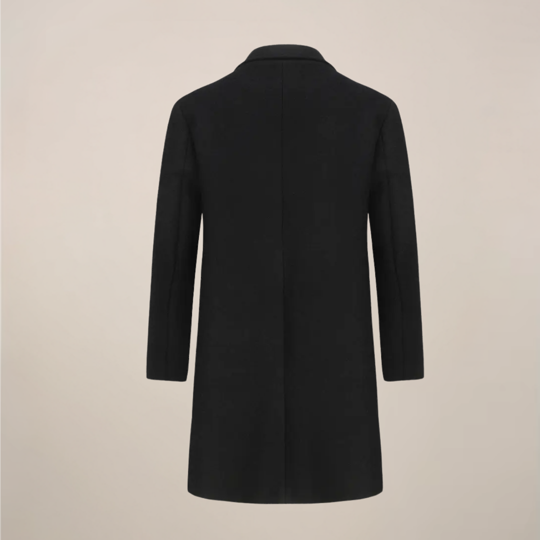Stylish men's black overcoat. Long, double-breasted winter coat in a tailored fit, ideal for business and formal outerwear.