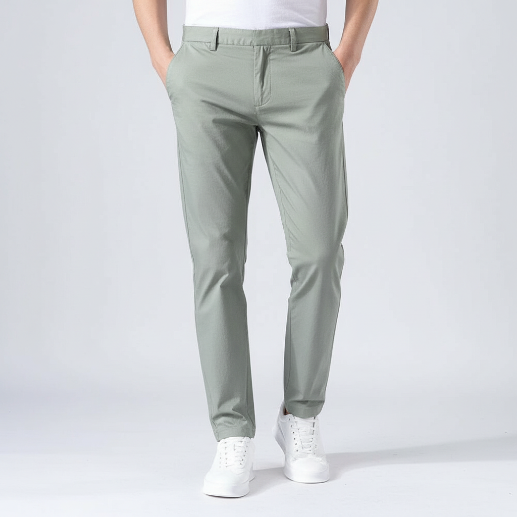 Larry men's slim fit stretch trousers in grey, featuring an elastic waist for comfort and style.
