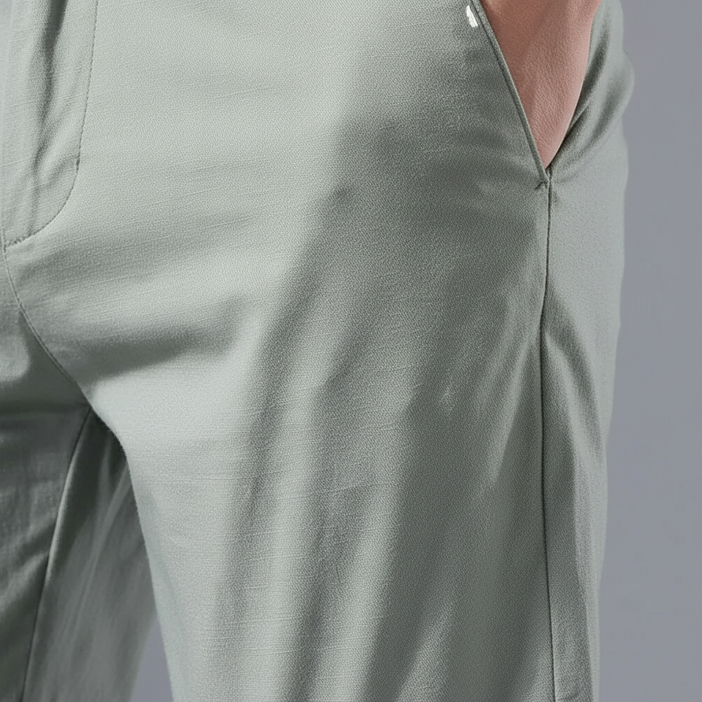 Close-up of the fabric texture on men's versatile elastic slim fit casual trousers in navy blue.