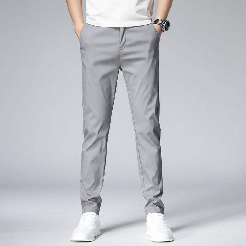 Back view of men's lightweight elastic slim fit pants, showcasing a modern and practical design.