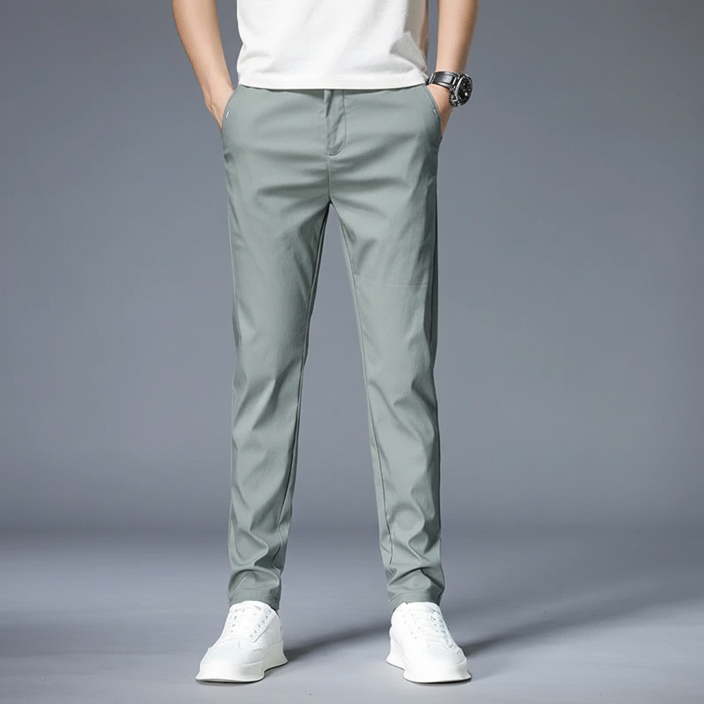 Stylish men's black elastic waist slim fit trousers paired with a shirt, ideal for various occasions.