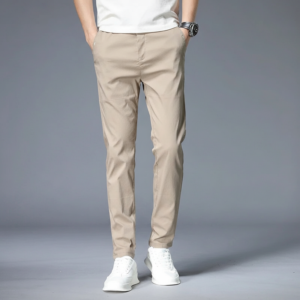 Stack of men's slim fit stretch trousers in assorted colors, highlighting their elasticity and comfort.