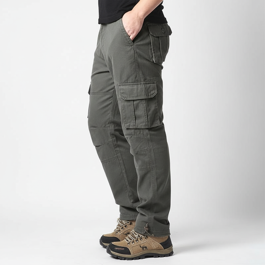 Stylish men's khaki cotton cargo pants with elastic waist and utility pockets for everyday wear