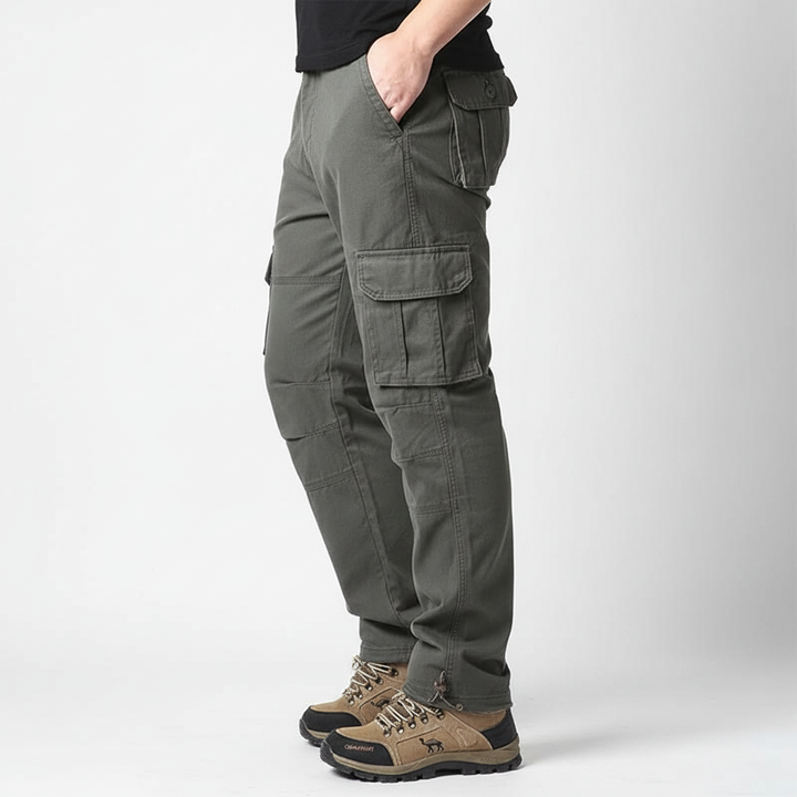 Stylish men's khaki cotton cargo pants with elastic waist and utility pockets for everyday wear