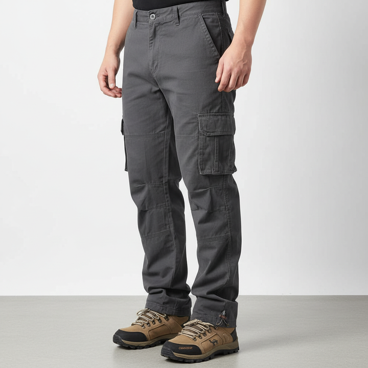 Dark blue men's cargo pants, elastic waist, relaxed fit, ideal for comfortable men's fashion