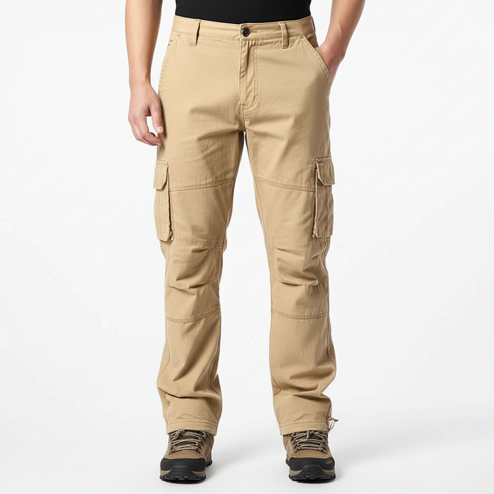 Men's elastic waist cargo trousers in olive green, durable cotton for casual and utility wear
