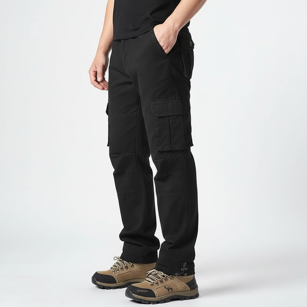 Light brown men's utility pants with elastic waist, offering comfort and style for spring wear