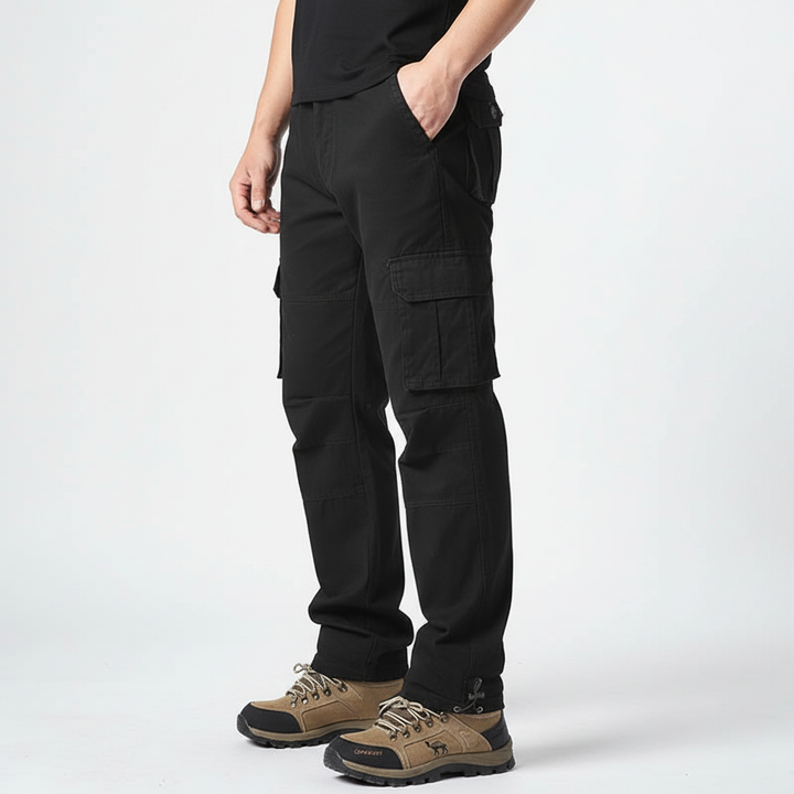 Light brown men's utility pants with elastic waist, offering comfort and style for spring wear