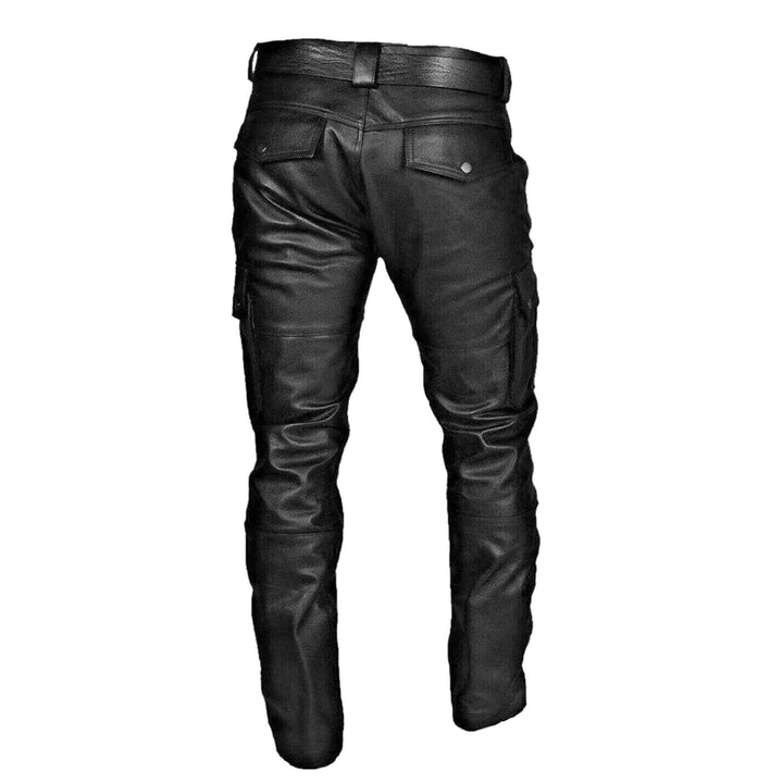Male fashion: close-up of slim fit faux leather pants for men, featuring motorcycle-inspired pockets