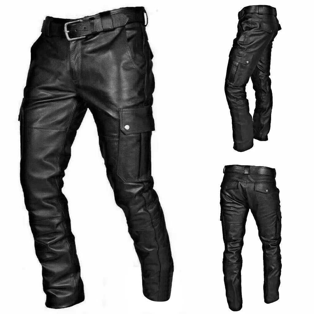 Streetwear: black faux leather biker pants for men, showing detail of zippered pockets and textured fabric