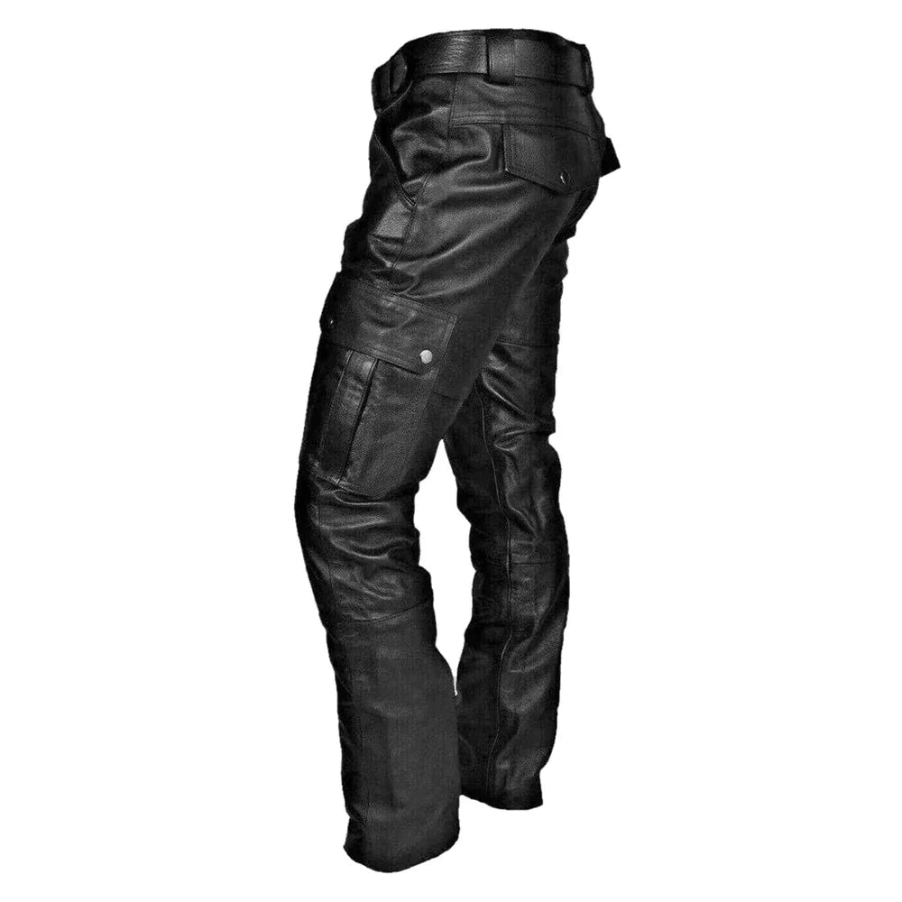 Rock style men's apparel: black faux leather pants, slim fit, ideal for biker or casual wear