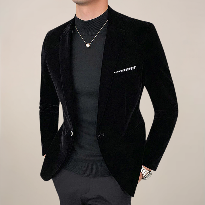 Men's black formal blazer, tailored slim fit. Elegant evening jacket for special occasions & sophisticated party attire.