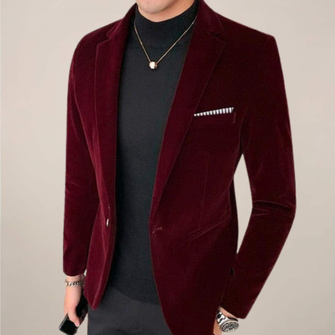 Sophisticated dark blue men's formal blazer, tailored slim fit. Perfect evening jacket for special events & elegant wear.