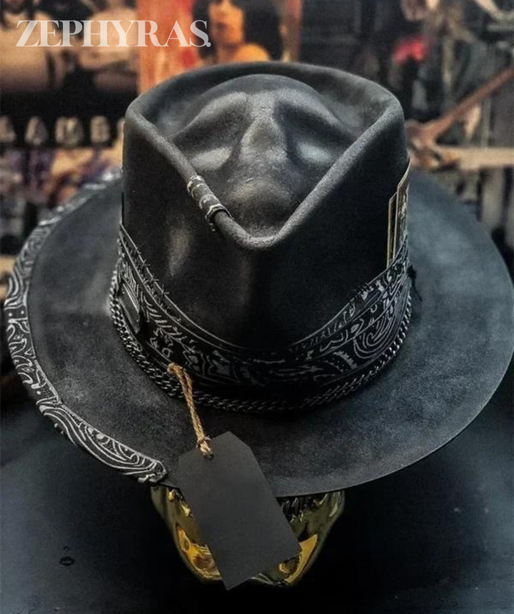 Edgy men's felt hat featuring a detailed handmade raven skull. A unique gothic accessory for him.