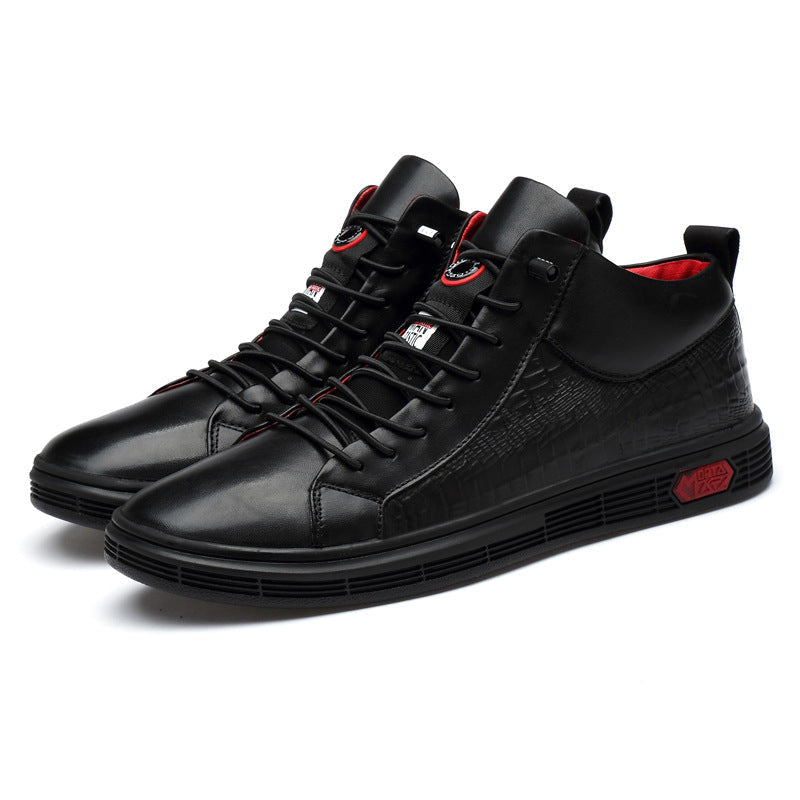 Men's black high-top sneakers with bold red accents, designed for urban street style & comfort.