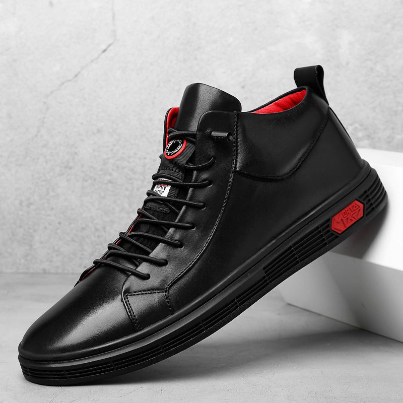 Versatile men's black high-top casual footwear, sporting red accents, suitable for various stylish looks.