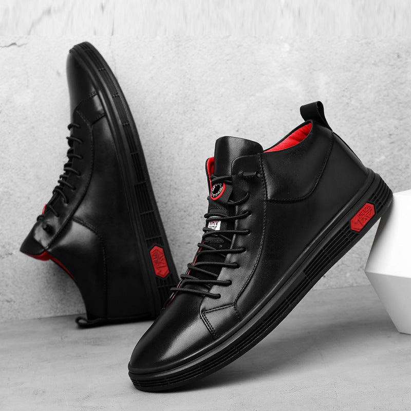 Comfortable men's black high-top sneakers with vibrant red details, ideal for a stylish, casual look.