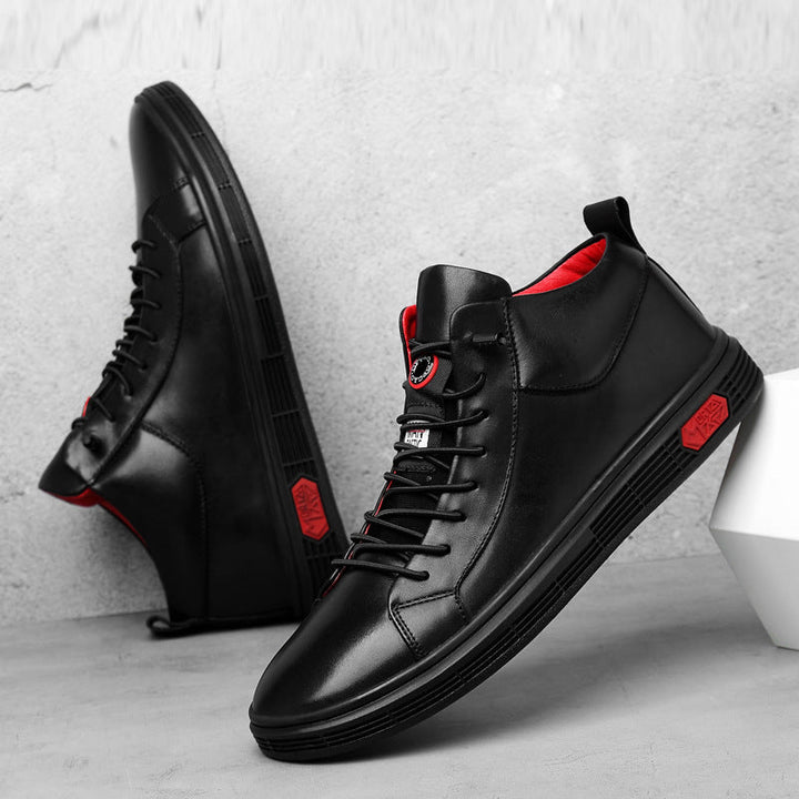 Comfortable men's black high-top sneakers with vibrant red details, ideal for a stylish, casual look.