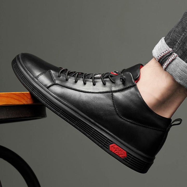 Walk in style with men's black high-top sneakers, enhanced with eye-catching red accents & comfort.