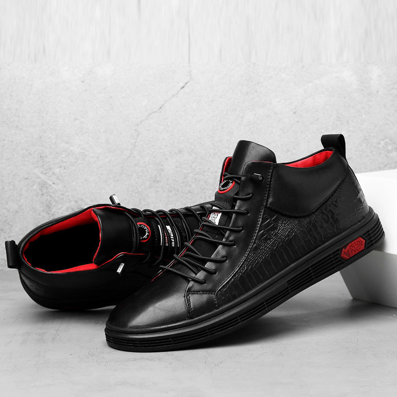 Full view of men's black high-top sneakers, showcasing red accents, a stylish choice for any outfit.