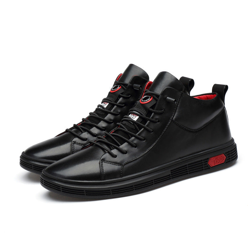 Detailed view of men's black high-top sneakers, highlighting red soles & trim, stylish & comfortable.