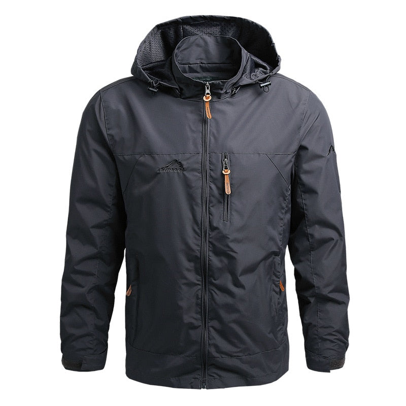 Rugged men's hooded outdoor jacket, waterproof & windproof, essential adventure gear for hiking & camping.