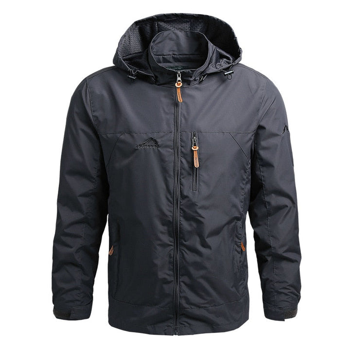 Rugged men's hooded outdoor jacket, waterproof & windproof, essential adventure gear for hiking & camping.