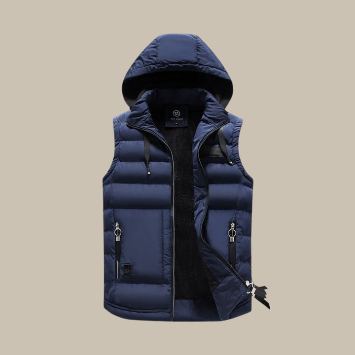 Men's black hooded puffer vest, insulated casual bodywarmer for winter layering. Modern sleeveless outerwear fashion.