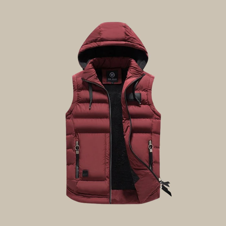 Stylish man wearing a casual hooded puffer vest, perfect insulated bodywarmer for fall & winter outdoor activities.