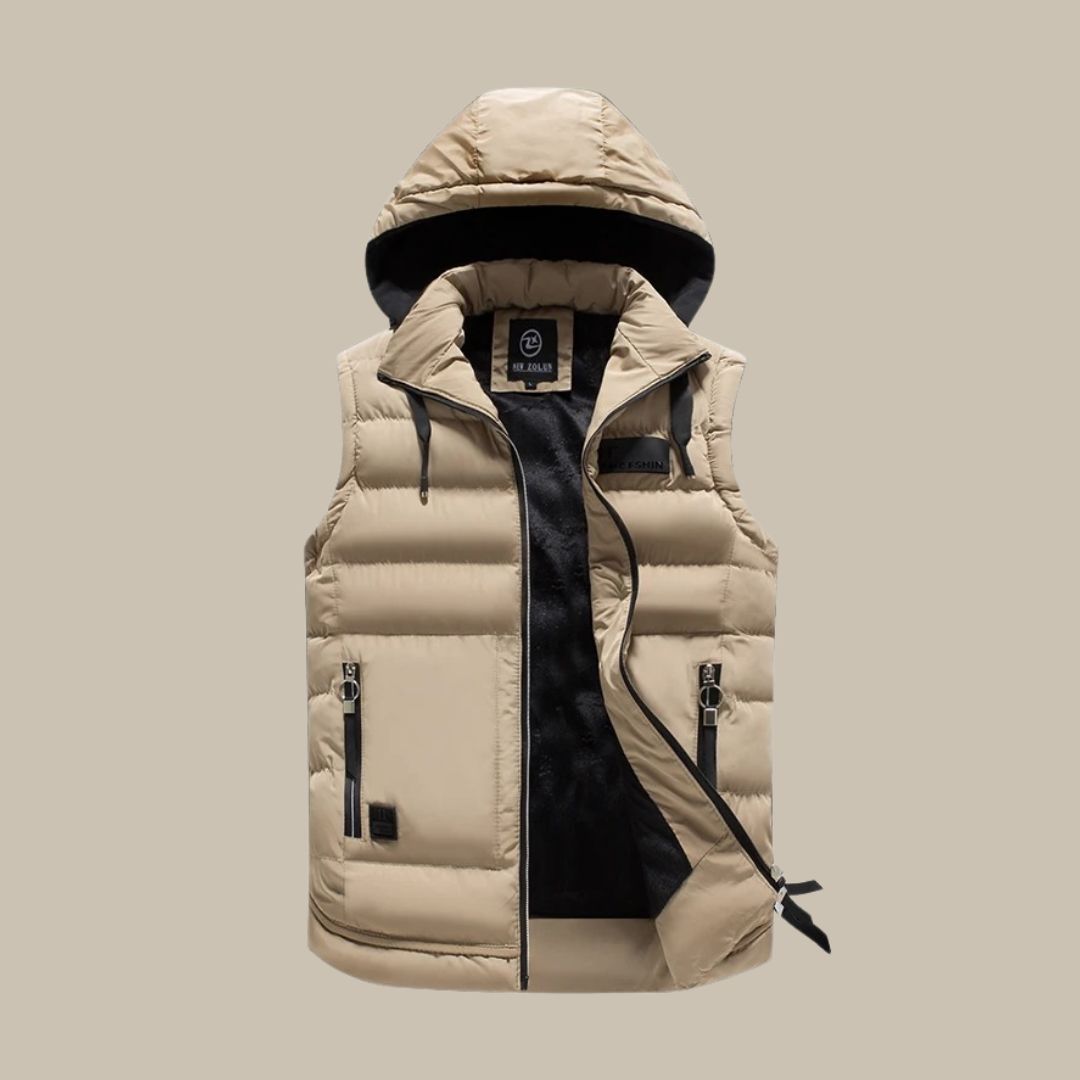 Men's versatile hooded puffer vest, a lightweight insulated bodywarmer offering warmth and modern style for casual wear.