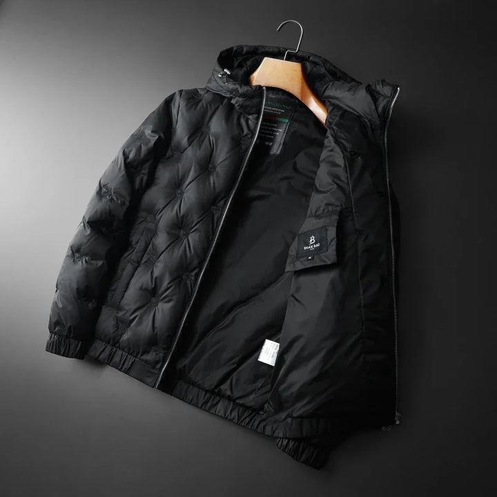 Stylish men's coffee brown puffer jacket, insulated for ultimate winter warmth and comfort.