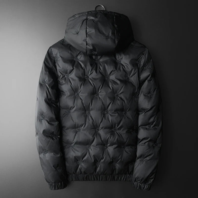 Warm men's black quilted puffer jacket, ideal insulated outerwear for harsh winter weather.