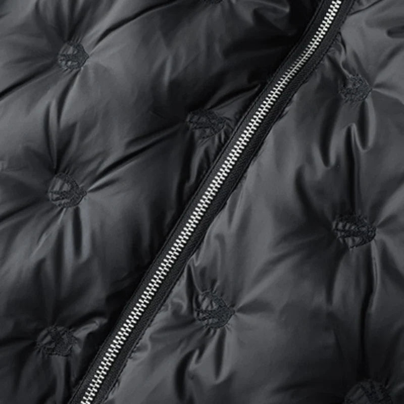 Modern men's coffee puffer jacket with a warm insulated design. Essential winter outerwear.