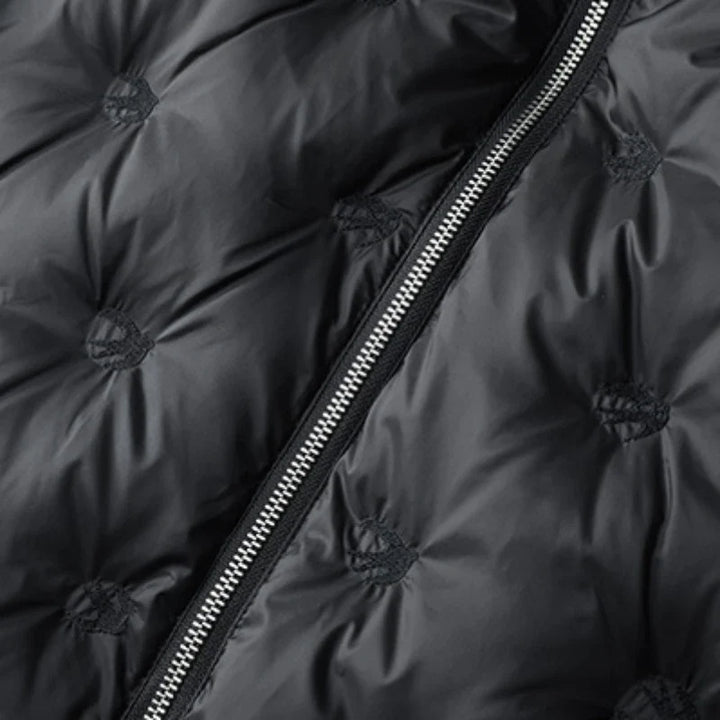 Modern men's coffee puffer jacket with a warm insulated design. Essential winter outerwear.