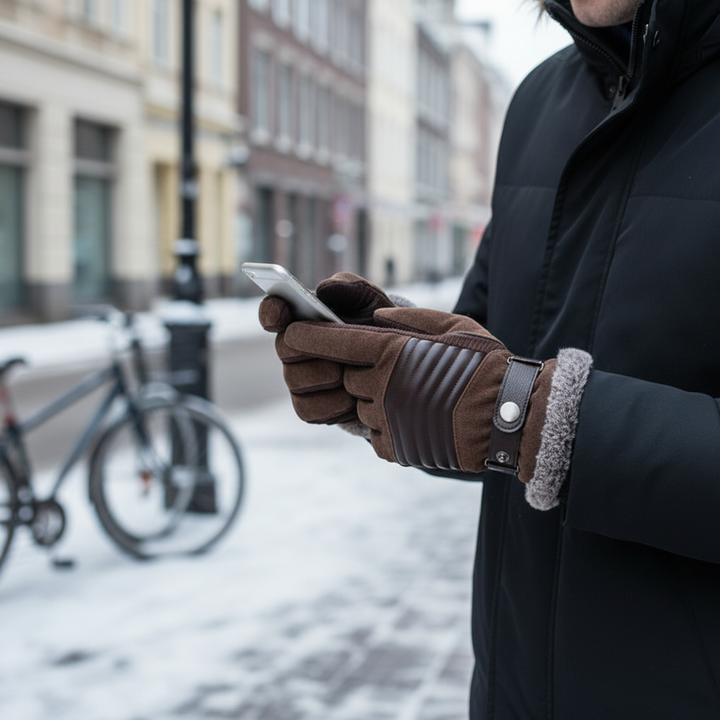 Men's black insulated winter gloves for touchscreen use, WarmTech polyester for cold weather