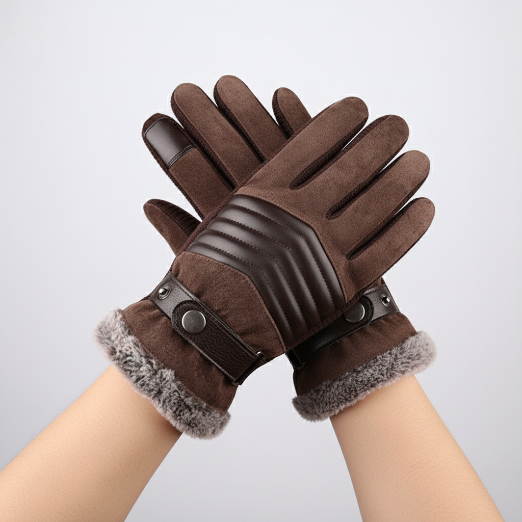Close-up of men's warm polyester winter gloves, touchscreen compatible for smartphone use