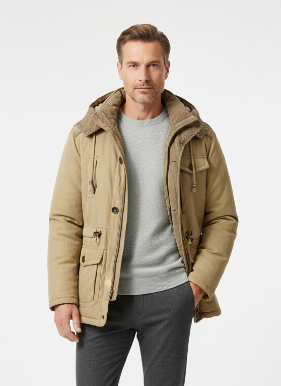 Men's black insulated winter parka jacket. Warm, durable outerwear for extreme cold weather. Perfect for outdoor adventures.