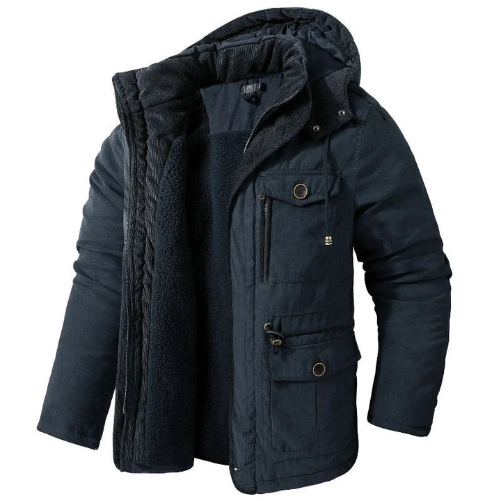 Stylish men's khaki insulated winter parka. Casual yet warm outerwear for cold weather, suitable for outdoor & city use.