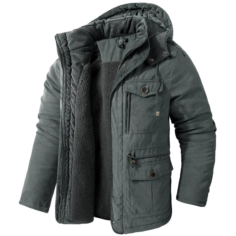 Green men's warm, insulated winter parka. Comfortable & durable outerwear designed for ultimate warmth in freezing temperatures.