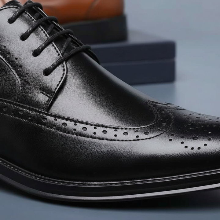 Side view of men's black Italian leather pointed-toe dress shoe, elegant and classic men's formal footwear