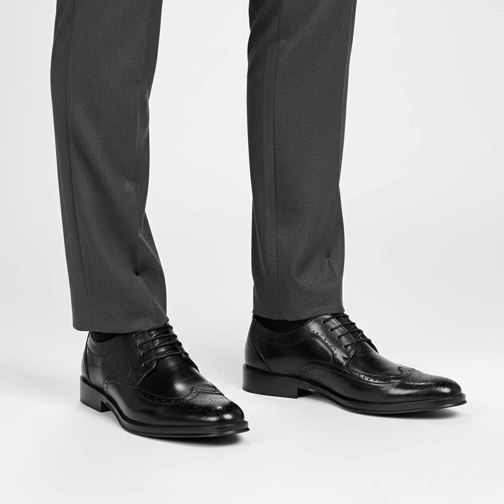 Close-up of the pointed toe and lustrous Italian leather on men's dress shoes, high-quality formal footwear