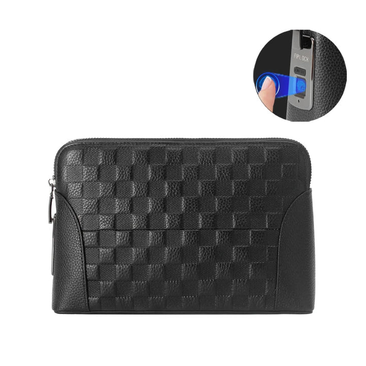 Secure men's leather clutch bag with biometric fingerprint lock for travel safety, close-up.