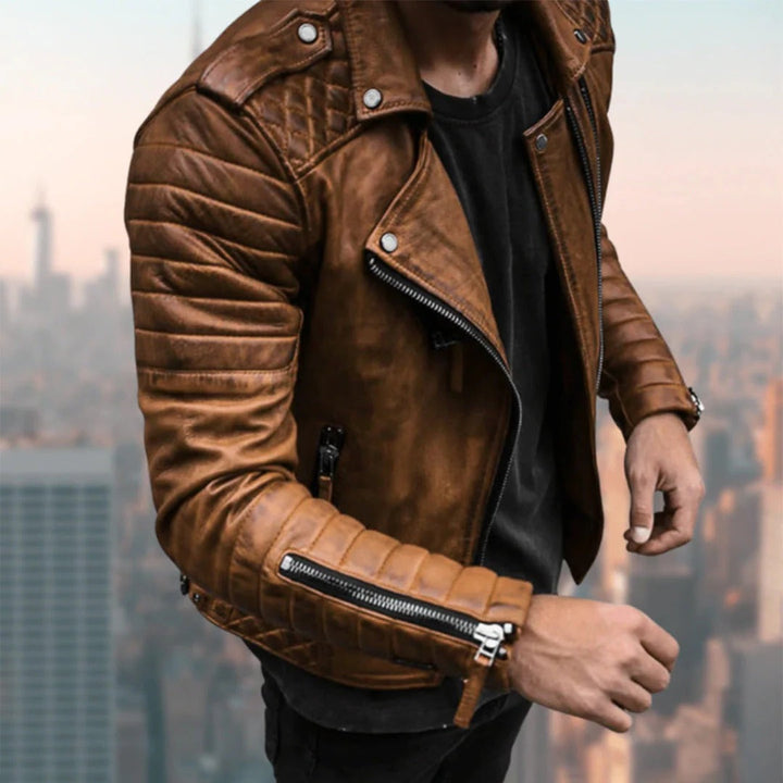 Stylish men's moto jacket in genuine leather. A versatile biker style layering piece for effortless cool.
