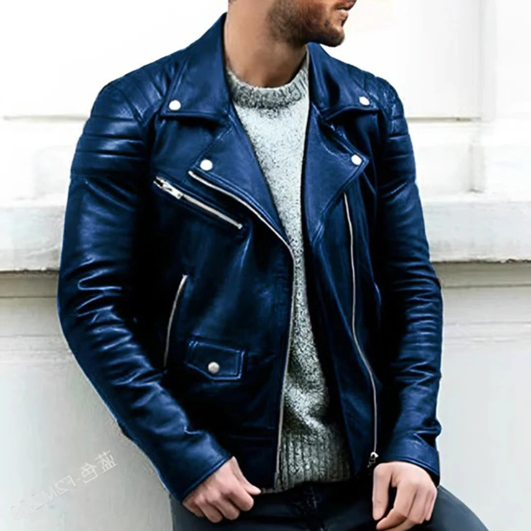 Fashionable men's leather moto jacket, a sleek statement piece for a bold biker style & urban look.