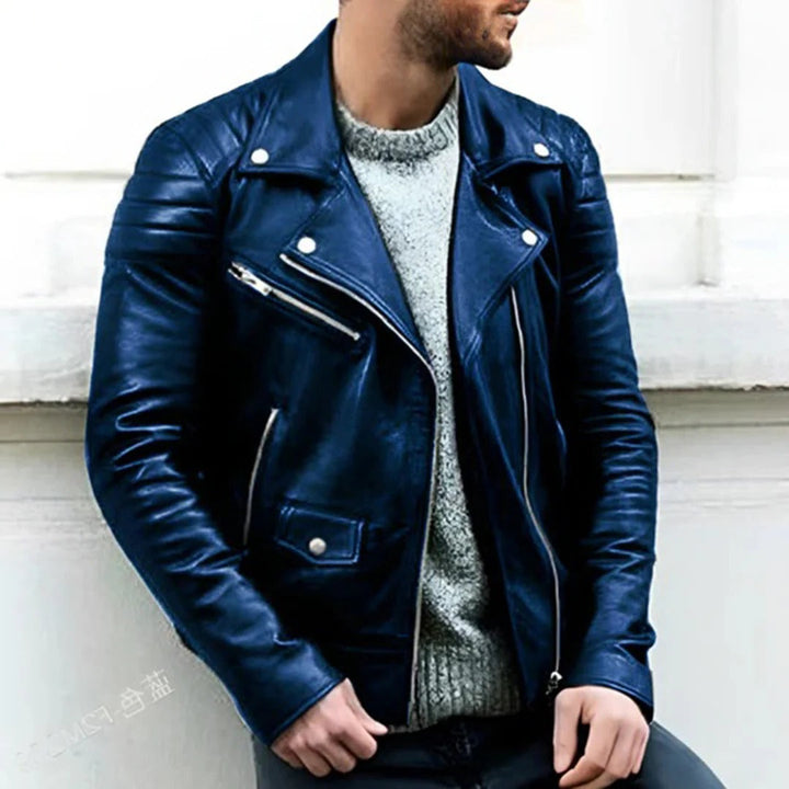 Fashionable men's leather moto jacket, a sleek statement piece for a bold biker style & urban look.