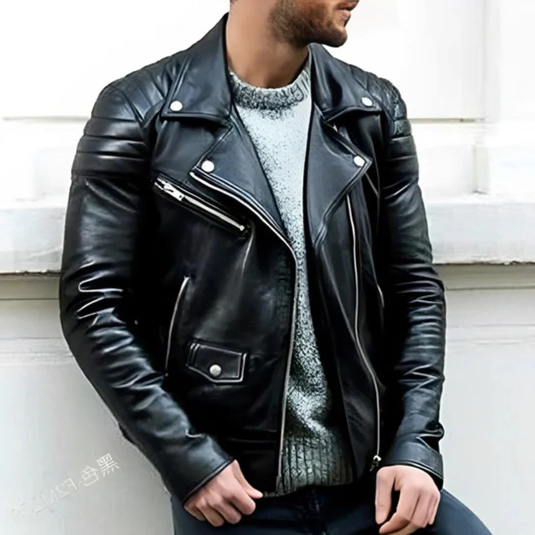 Comfortable men's leather biker jacket, ideal outerwear for everyday casual wear & stylish layering.